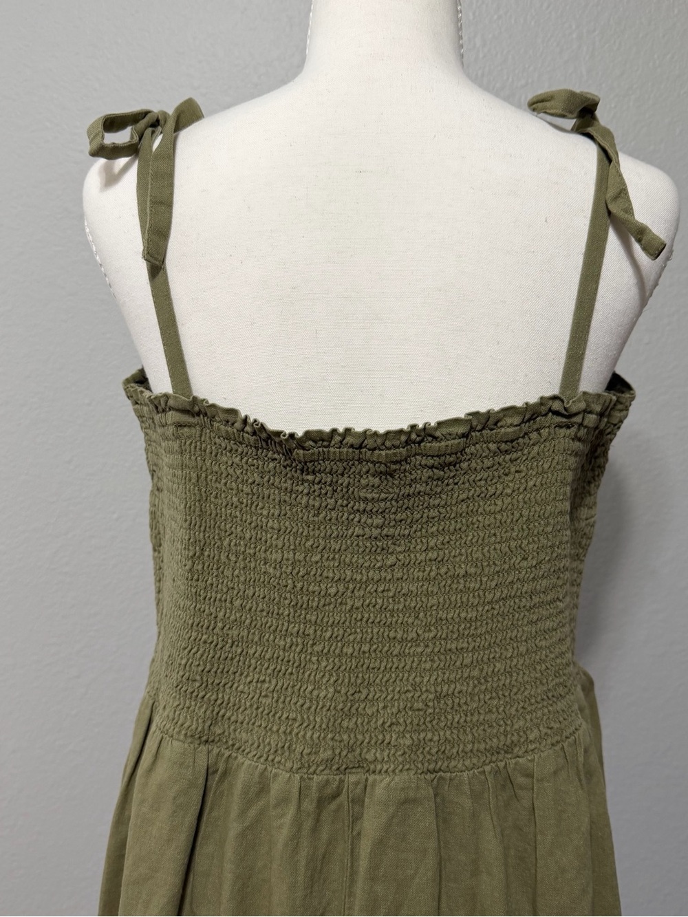 Gap Olive Green Smocked Midi Dress Tie Straps Large XL Sundress Comfy Casual F - Picture 8 of 15